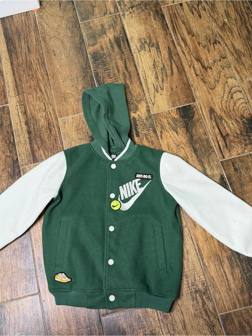 Nike Vintage-Style Green & Cream Varsity Bomber Jacket Hoodie Kids M 6